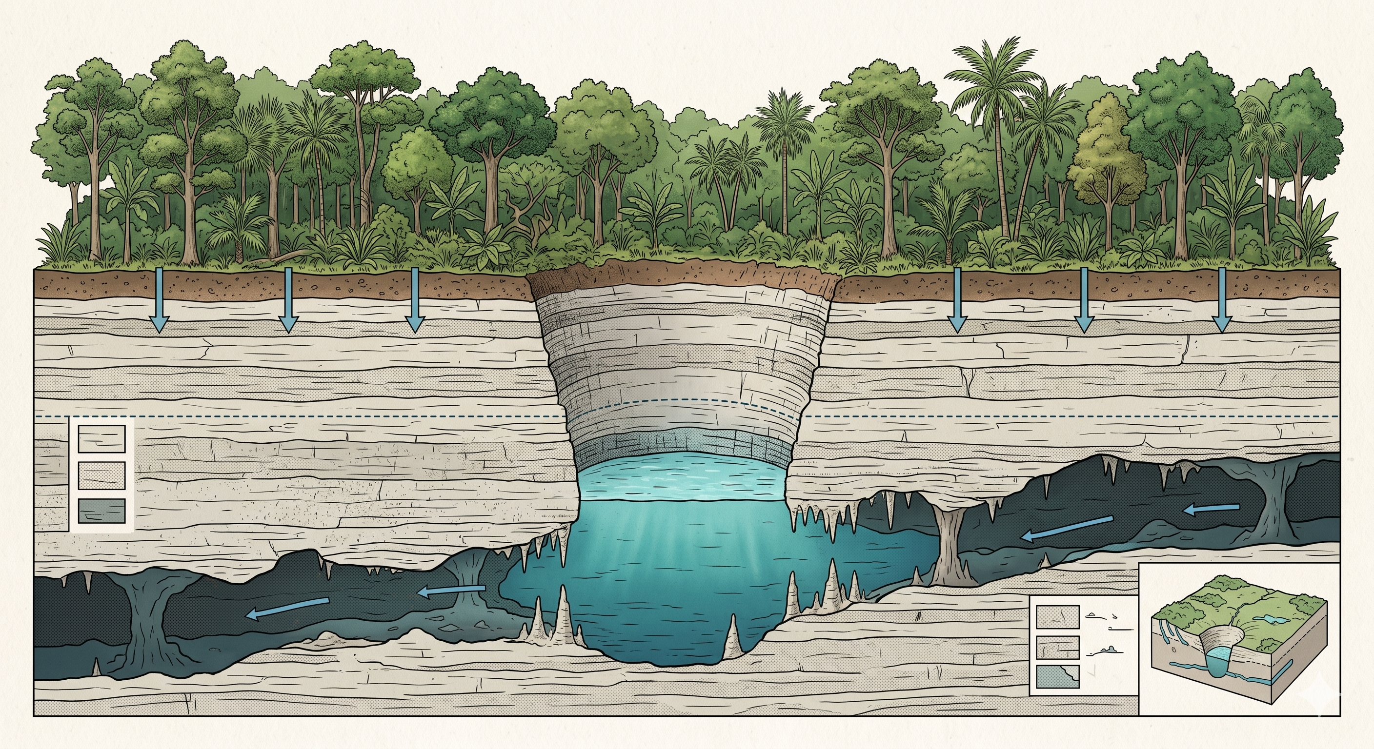 Corte transversal de un cenote mostrando selva, estratos de caliza y aguas subterráneas.
