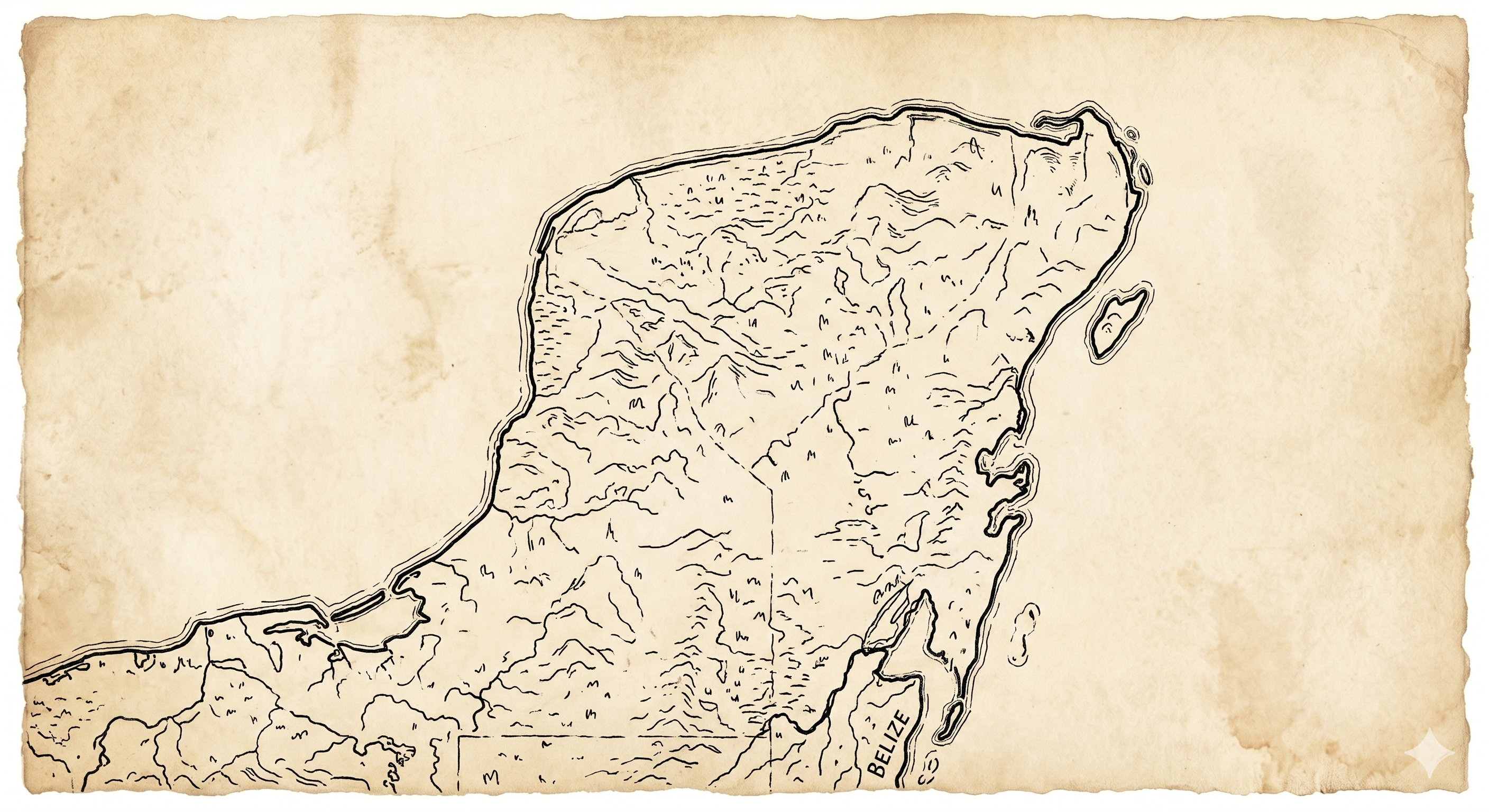 Mapa dibujado a mano de la Península de Yucatán